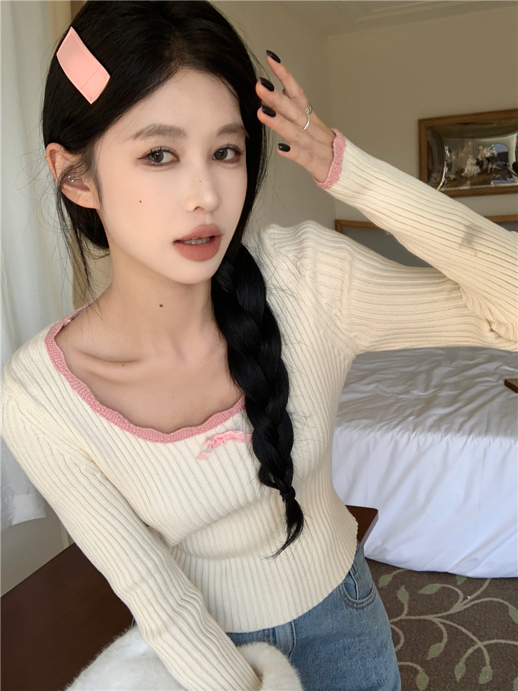 Autumn and winter short tops bow low collar sweater for women