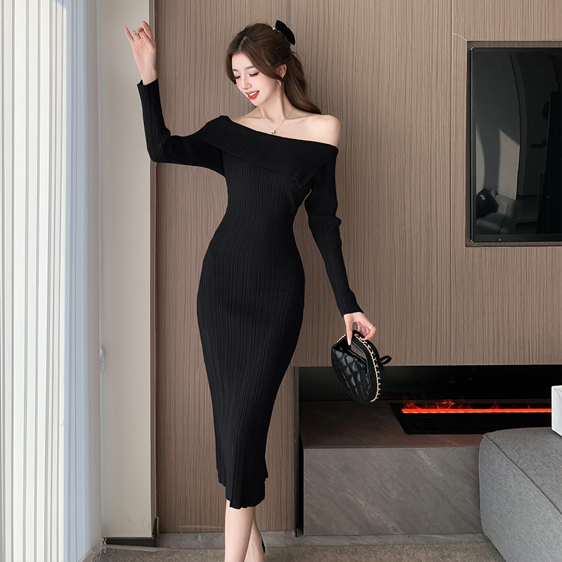 Horizontal collar long dress long sleeve dress for women