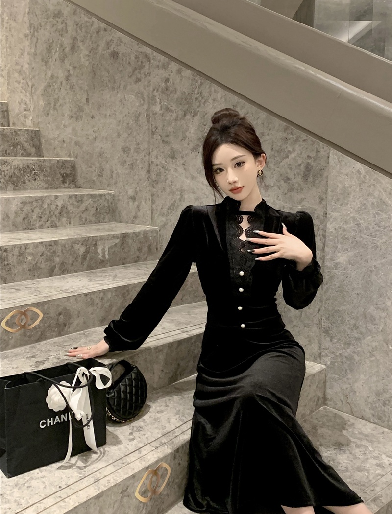 Ladies velvet France style Hepburn style dress