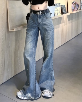 Rhinestone washed jeans loose long pants for women