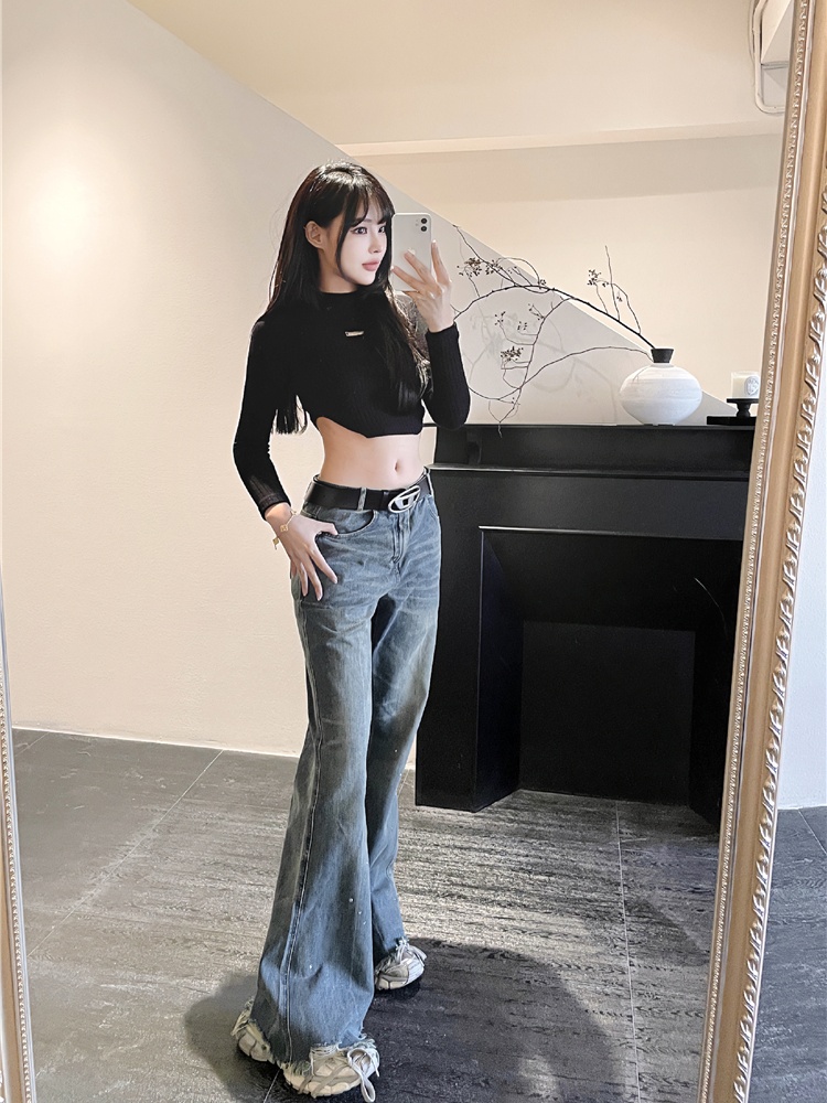 Rhinestone washed jeans loose long pants for women