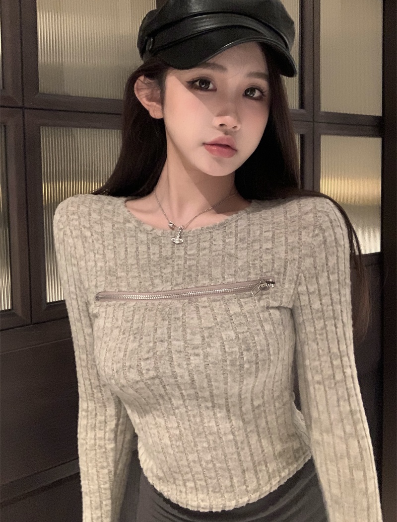 Long sleeve round neck knitted tops soft zip bottoming shirt