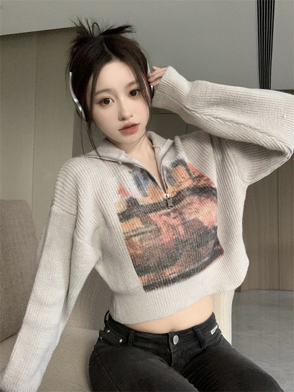 Printing autumn and winter zip American style sweater