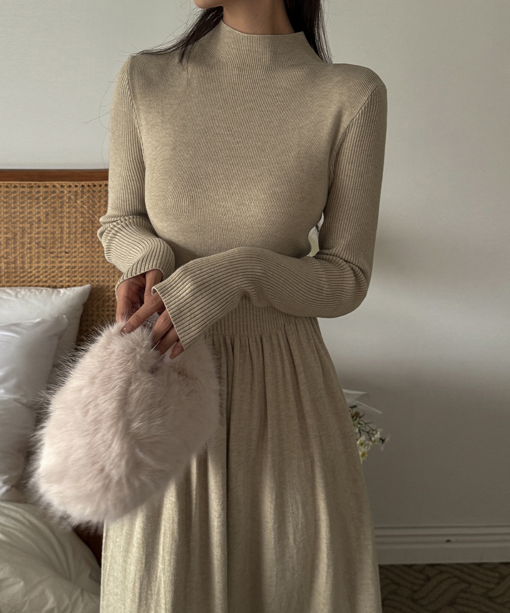 High collar Korean style knitted retro lazy tender dress