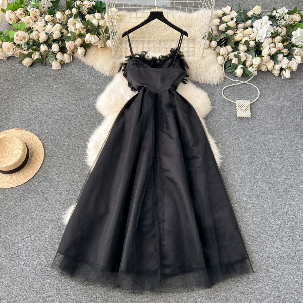 Sling thick and disorderly long dress pinched waist dress