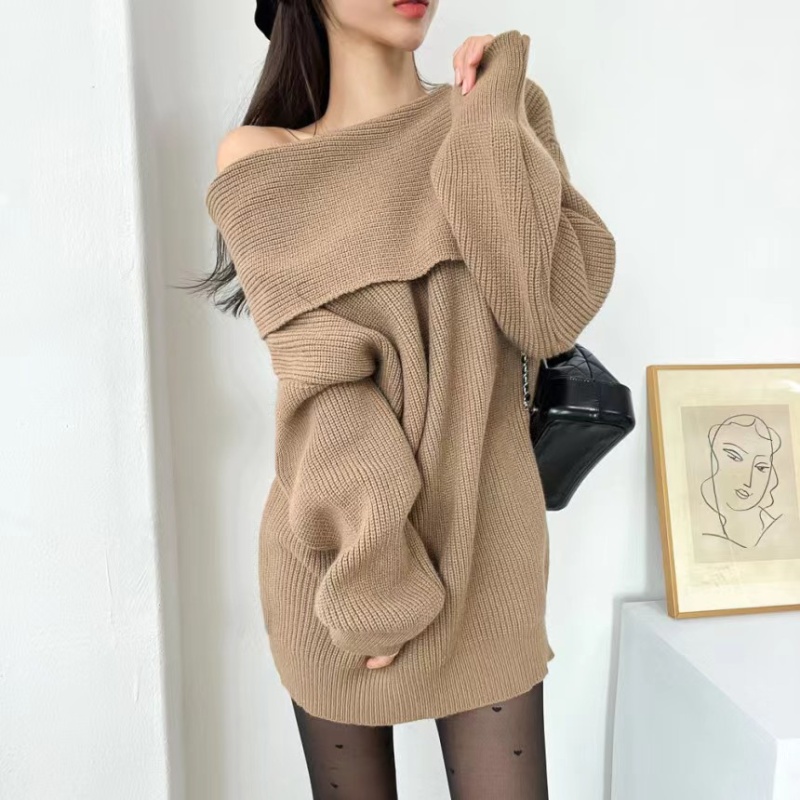 Korean style niche lazy flat shoulder knitted temperament dress