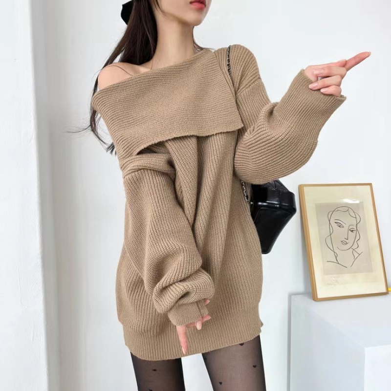 Korean style niche lazy flat shoulder knitted temperament dress