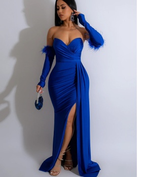 Halter pure European style long dress fold fashion split dress