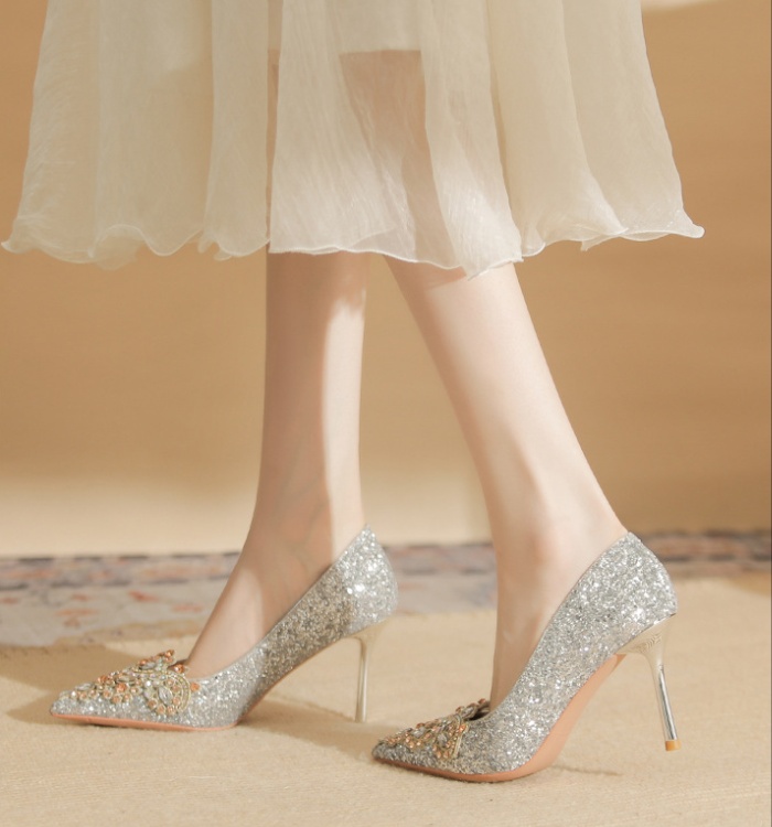 Autumn sequins wedding shoes pointed shoes for women