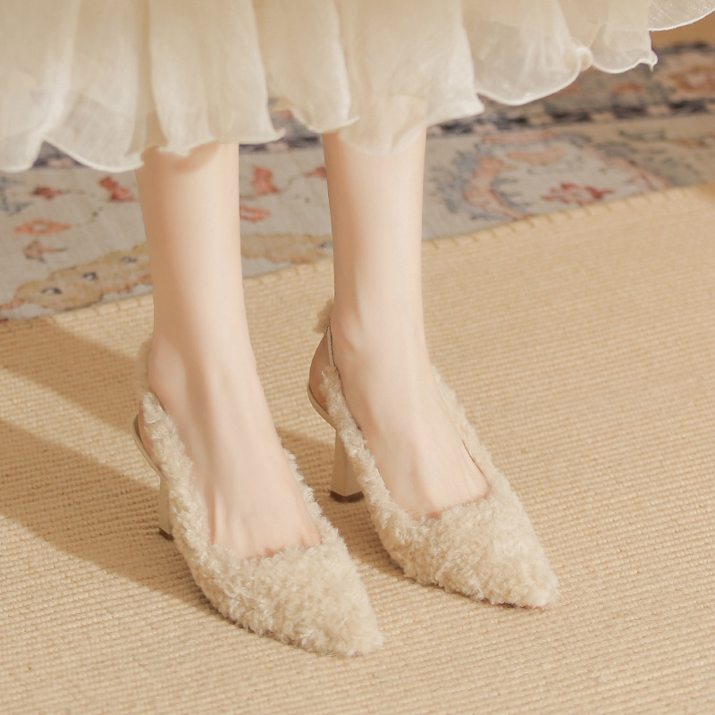 Elmo sheepskin high-heeled fine-root pointed winter shoes