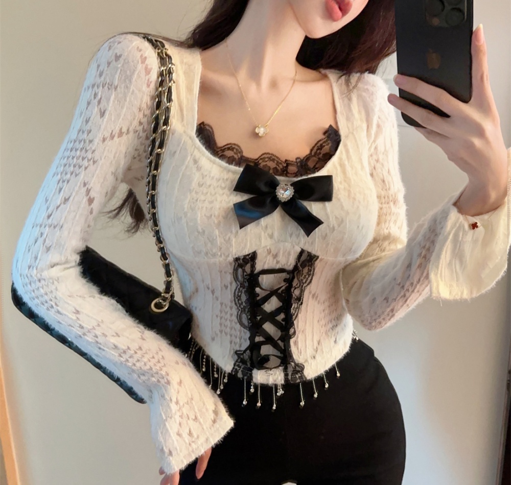 Enticement slim bow shirts lace elasticity tops for women