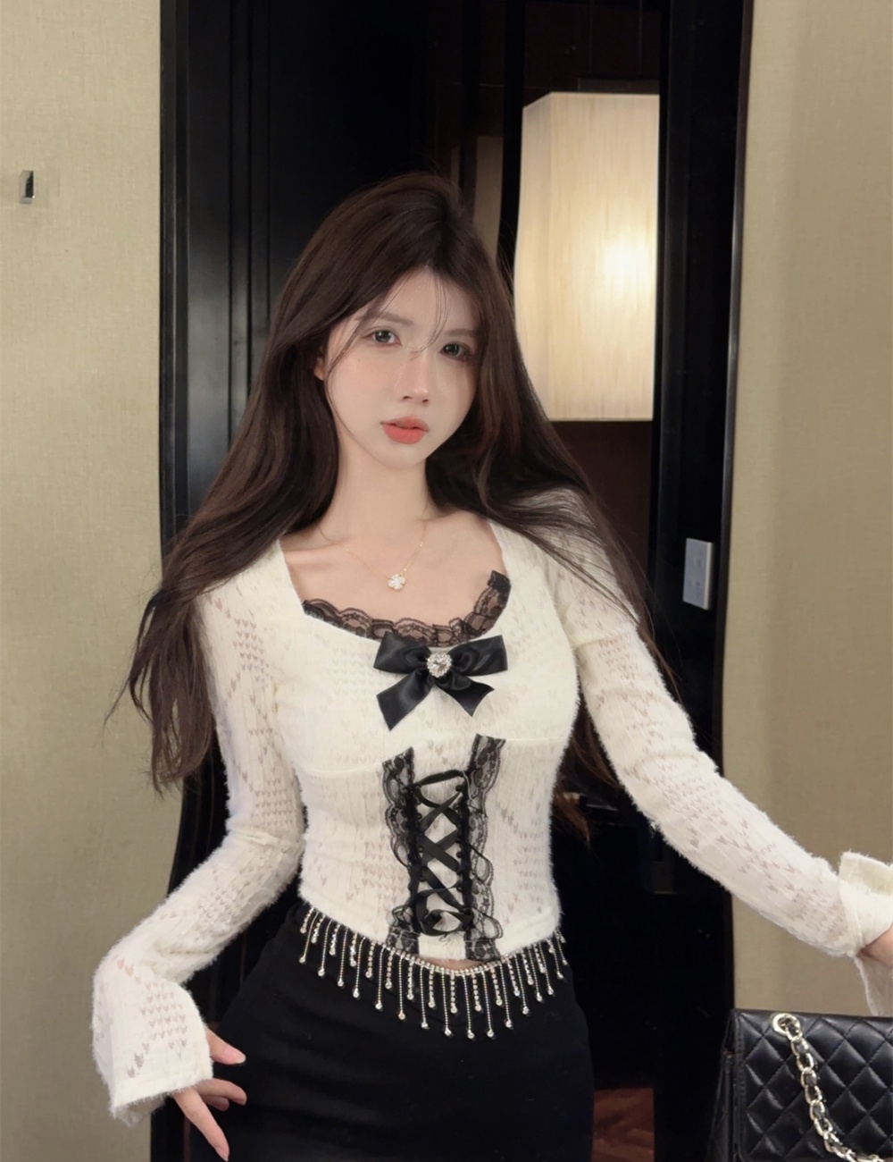 Enticement slim bow shirts lace elasticity tops for women