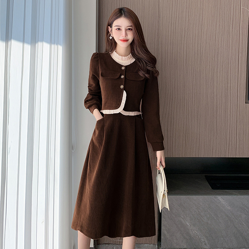 Lace bottoming corduroy Korean style mixed colors dress