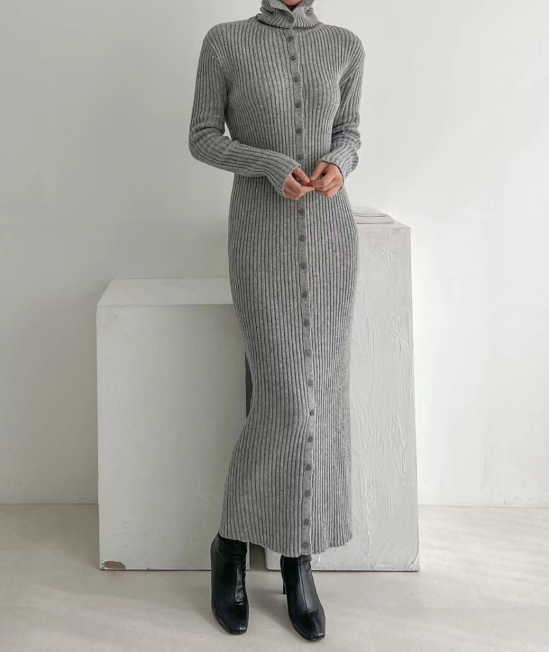 Korean style pure cardigan retro high collar long dress