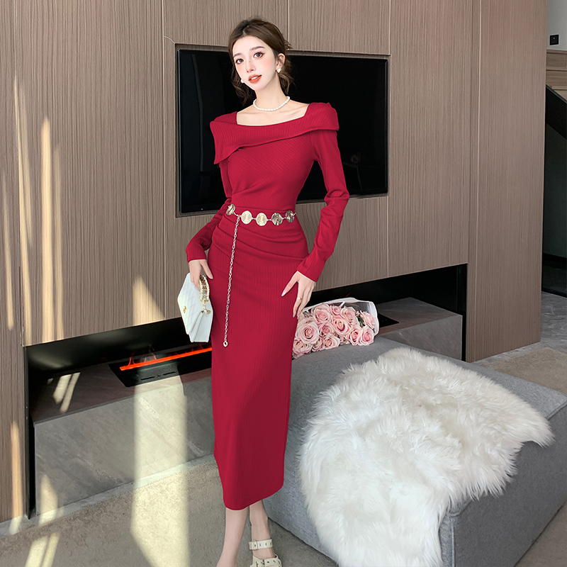 Fashion simple long dress slim long sleeve dress for women