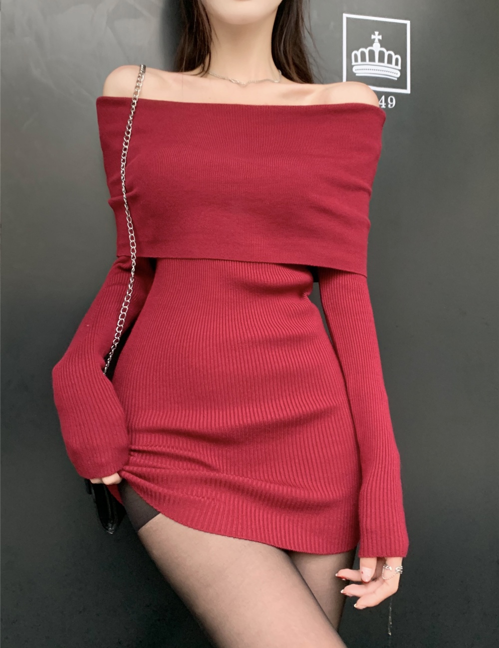 Slim red sexy knitted bottoming retro dress for women