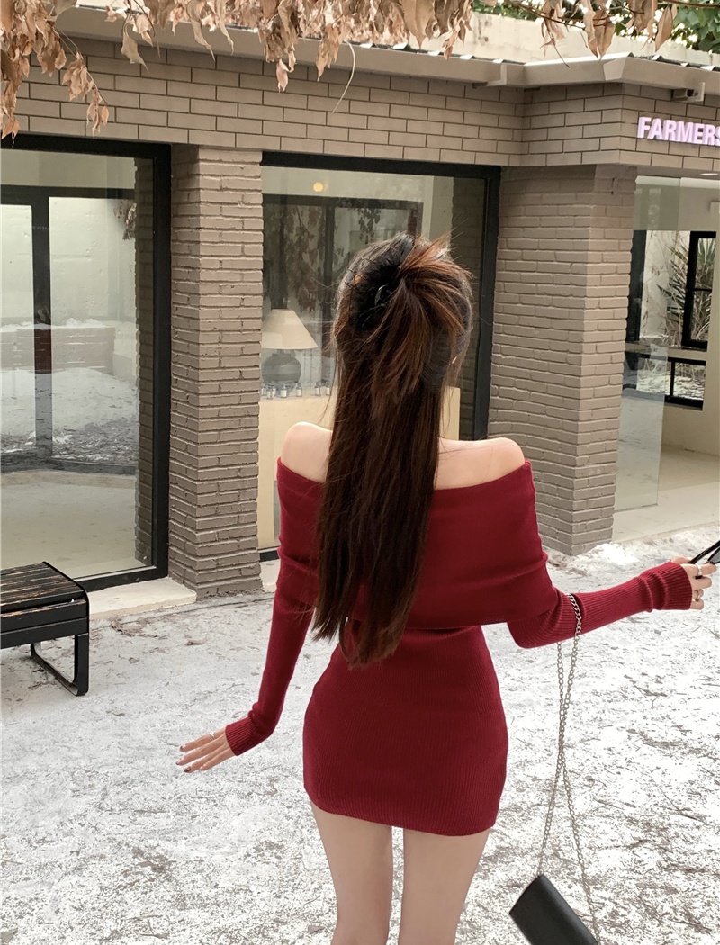 Slim red sexy knitted bottoming retro dress for women