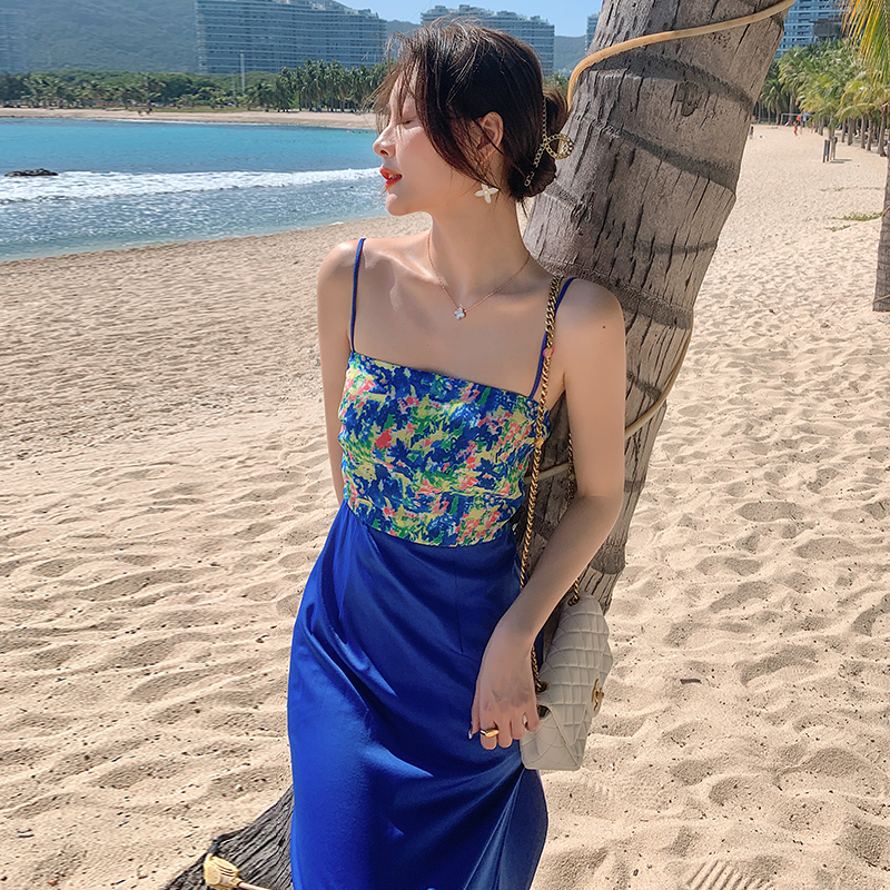 Retro canvas blue split long dress A-line vacation dress
