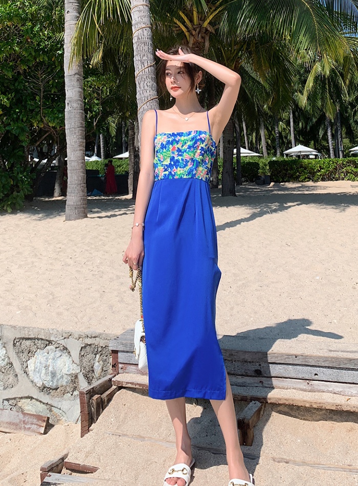 Retro canvas blue split long dress A-line vacation dress