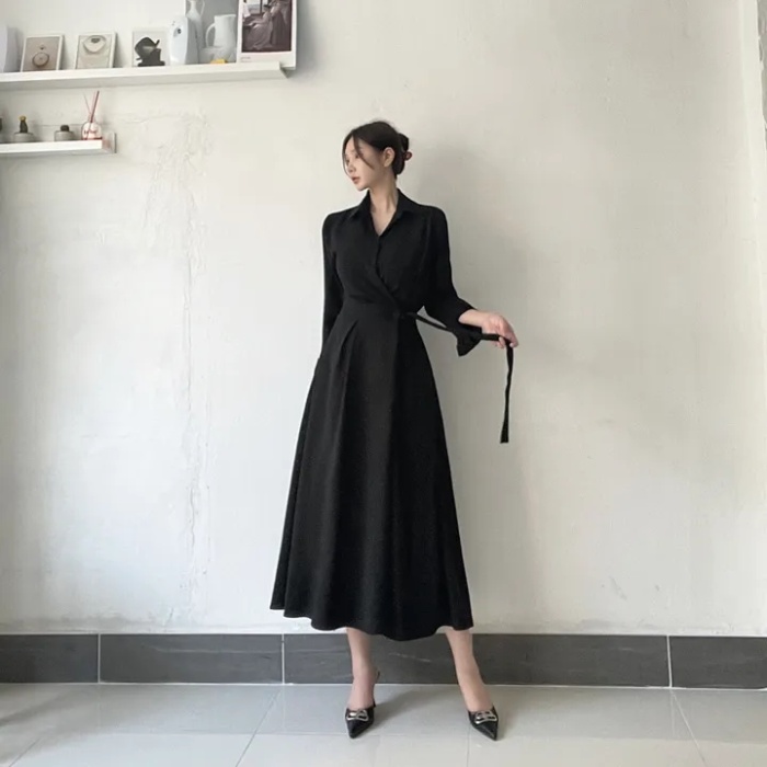France style long sleeve slim Korean style dress