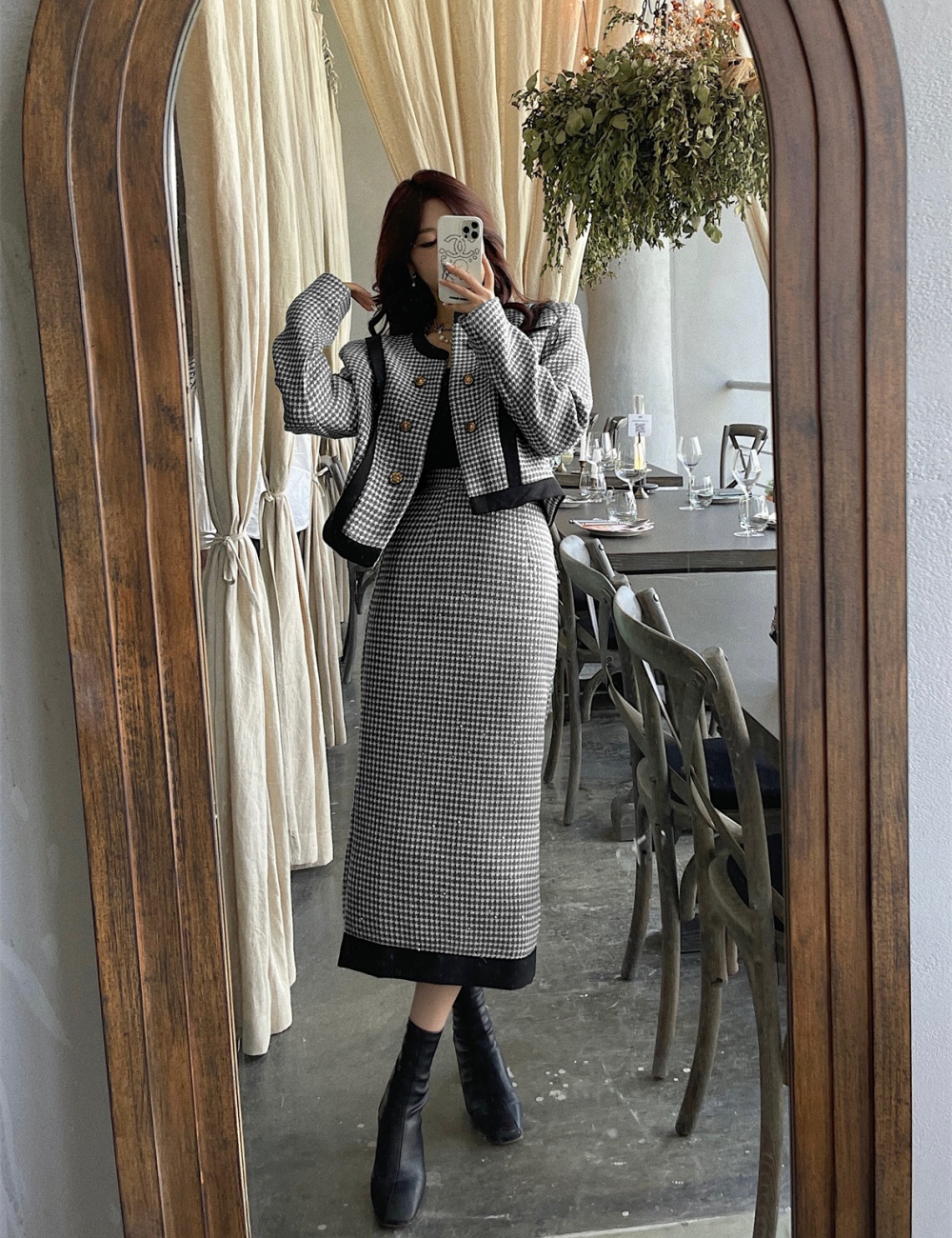Mixed colors houndstooth jacket chanelstyle skirt a set