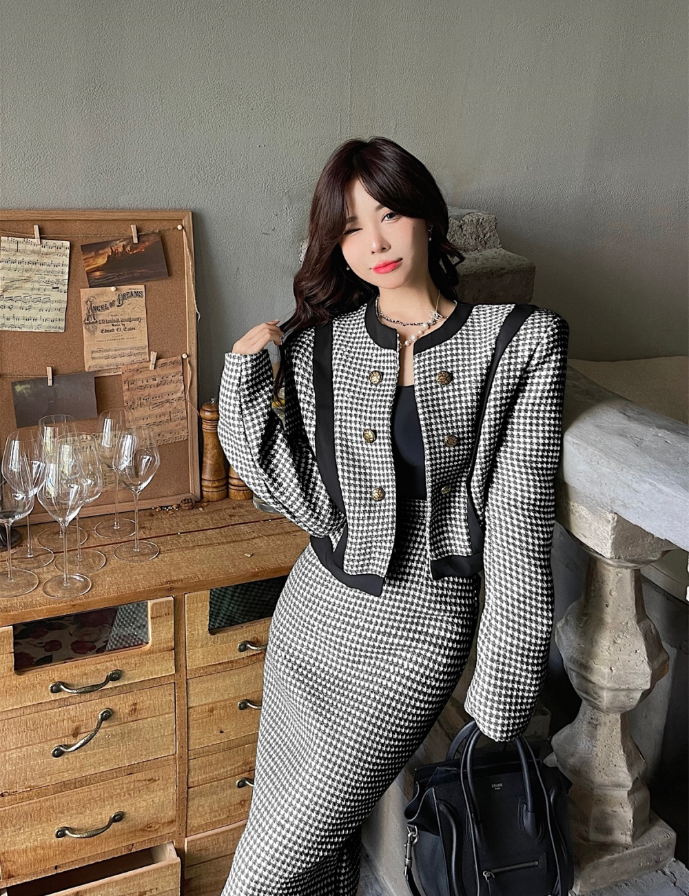 Mixed colors houndstooth jacket chanelstyle skirt a set