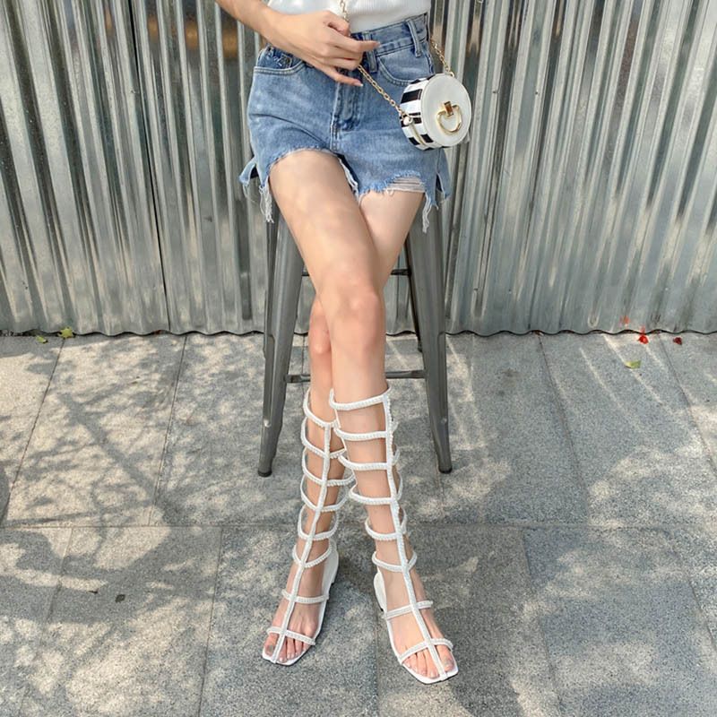 Long tube low sandals square head summer boots for women