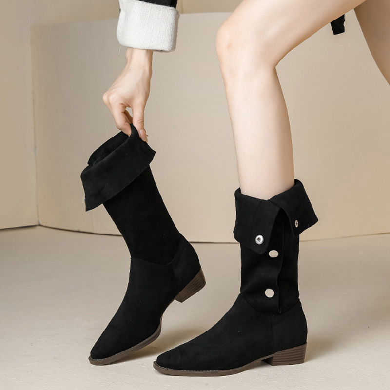 Small square head denim women's boots retro fold boots