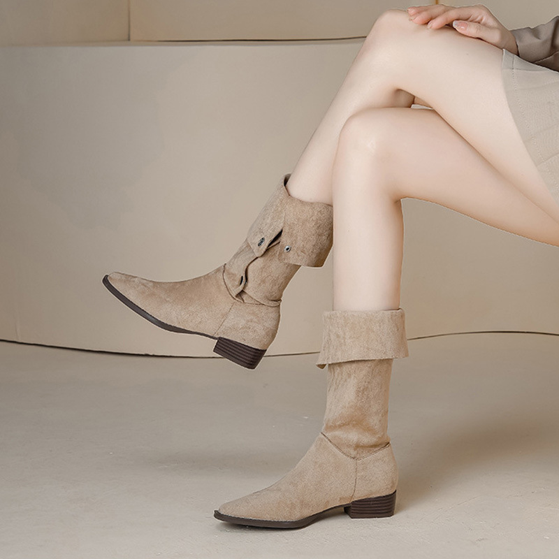 Small square head denim women's boots retro fold boots