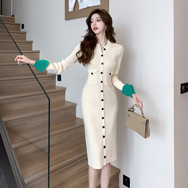 Mixed colors knitted long sleeve slim France style niche dress