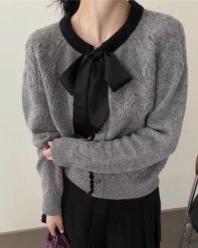 Stripe temperament sweater bow France style tops for women