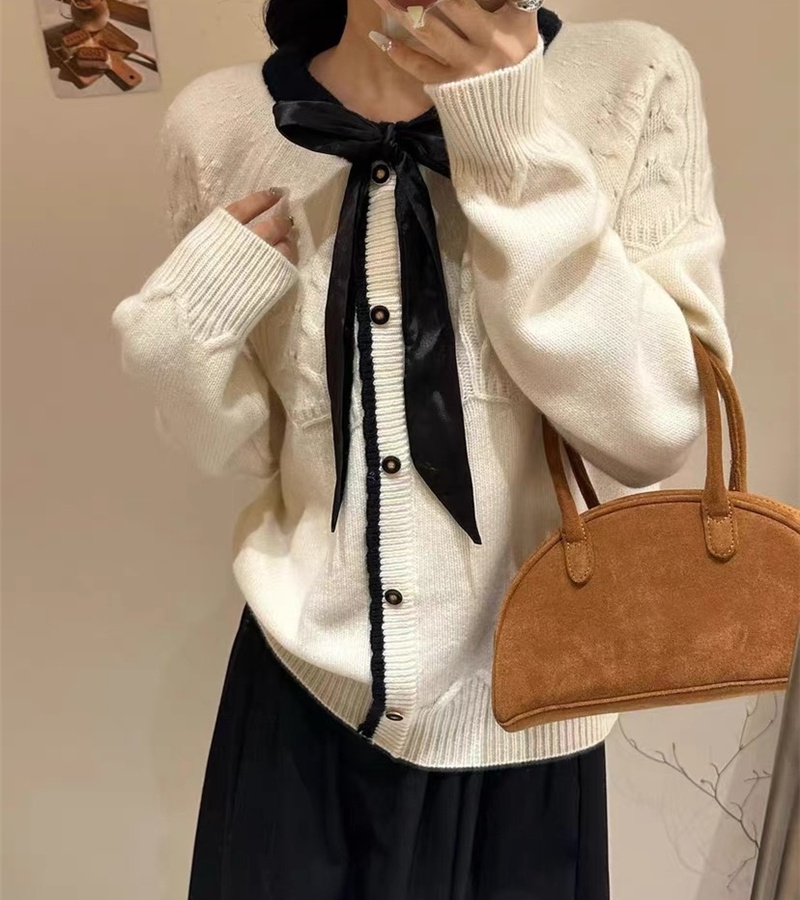 Stripe temperament sweater bow France style tops for women
