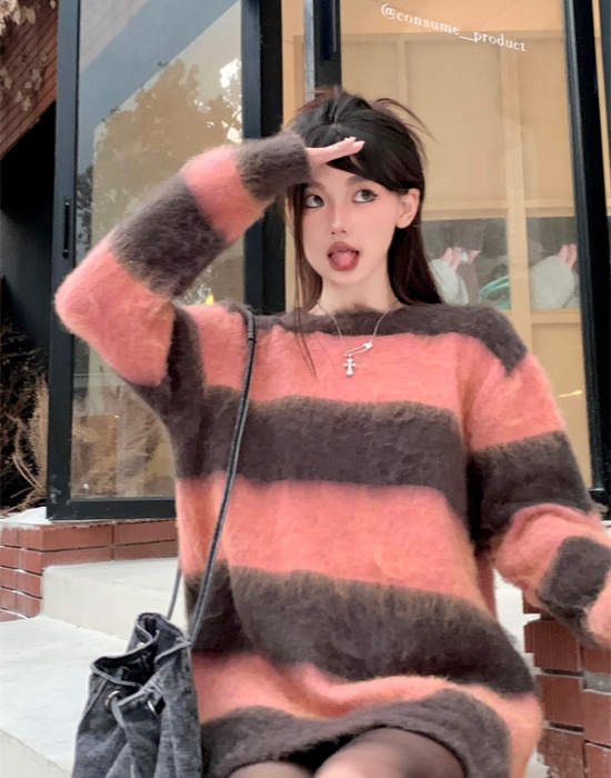 Knitted round neck slim sweater pullover loose stripe tops