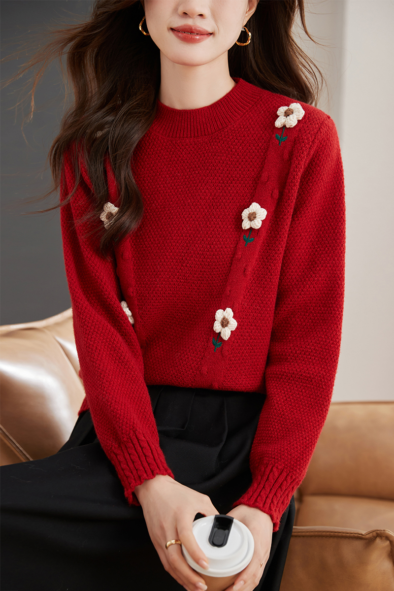 Long sleeve knitted tops red sweater for women
