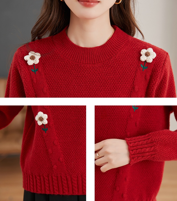 Long sleeve knitted tops red sweater for women