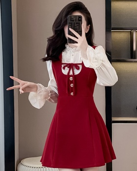 Sueding France style T-back strap red dress for women