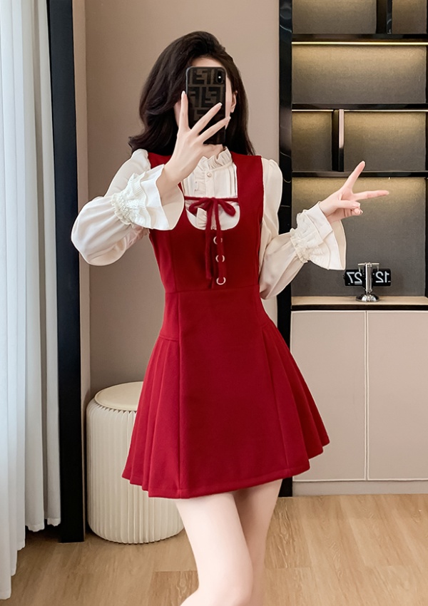 Sueding France style T-back strap red dress for women