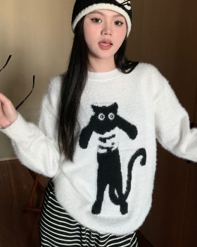 Jacquard lovely long sleeve kitty plush sweater