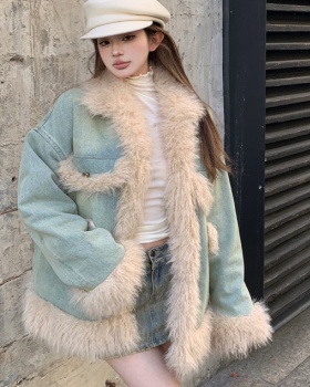 Denim loose thick fur coat retro splice jacket for women