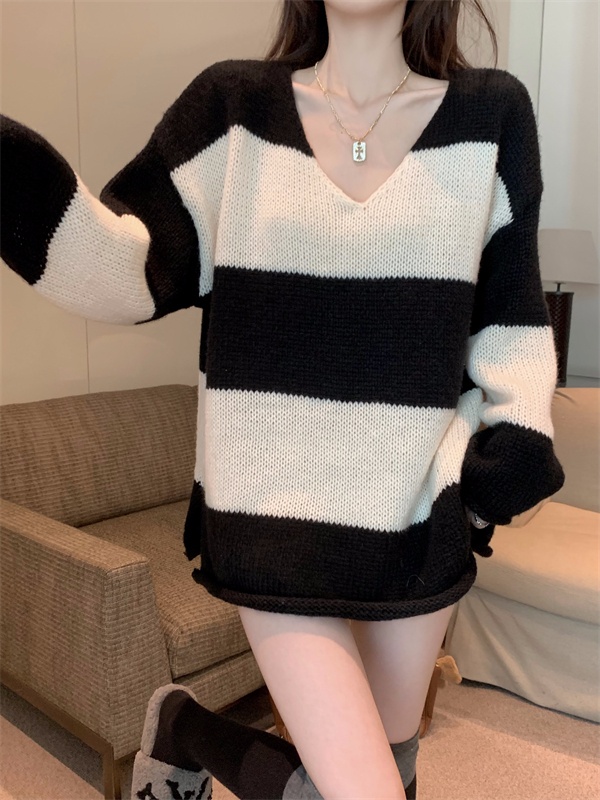 Korean style V-neck slim mixed colors loose stripe sweater