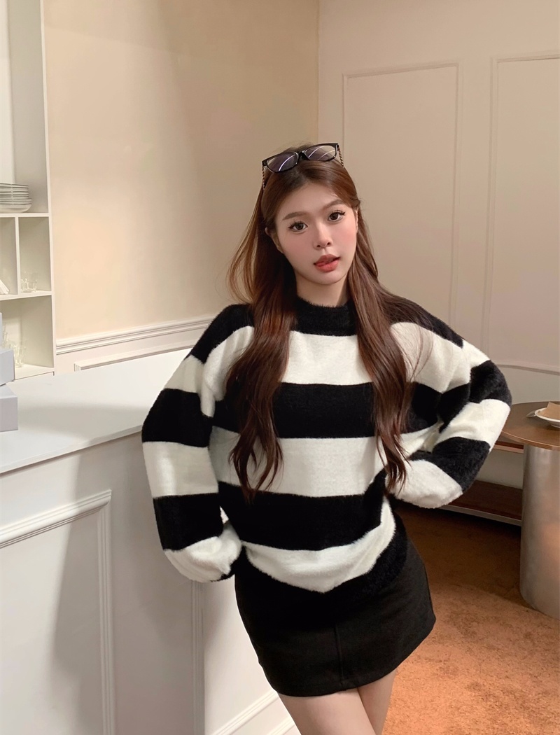 Retro autumn and winter tops stripe sweater for women