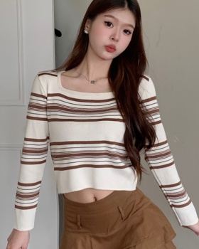 Long sleeve stripe sweater square collar tops for women