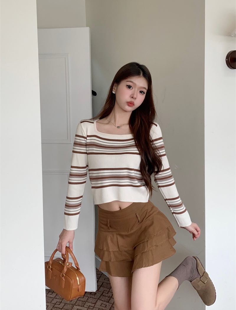 Long sleeve stripe sweater square collar tops for women