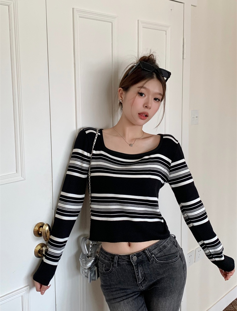 Long sleeve stripe sweater square collar tops for women