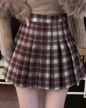 Autumn and winter high waist pleated plaid A-line slim skirt