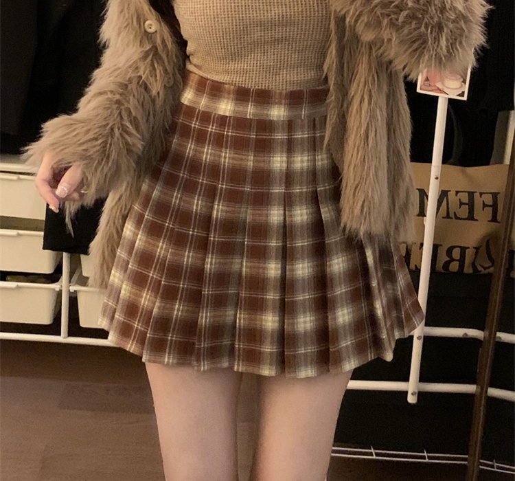 Autumn and winter high waist pleated plaid A-line slim skirt