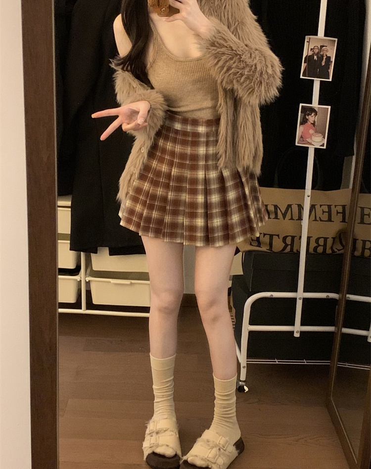 Autumn and winter high waist pleated plaid A-line slim skirt