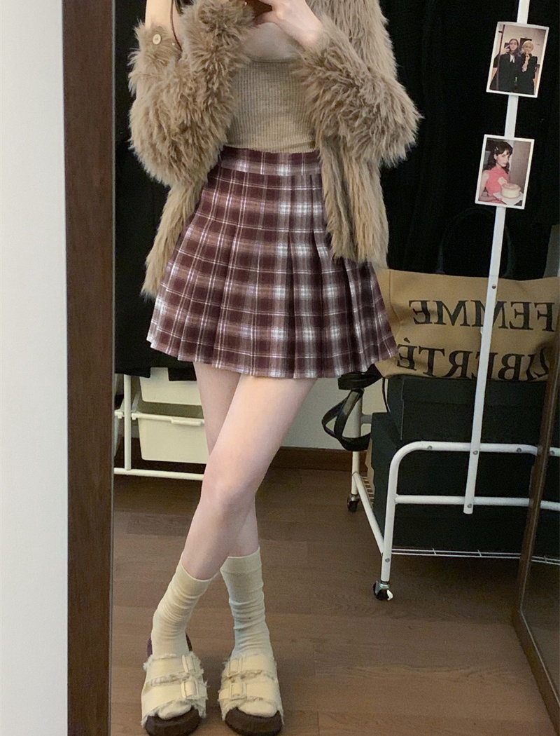 Autumn and winter high waist pleated plaid A-line slim skirt