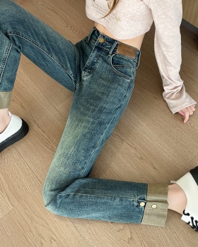 Straight slim high waist elasticity plus velvet jeans for women