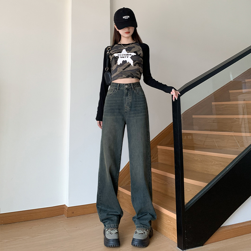 Show high straight long pants wide leg jeans for women